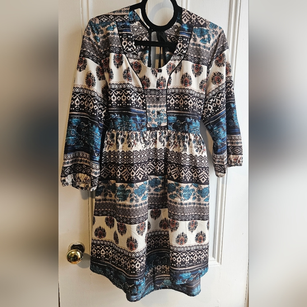 American Rag XL Boho Style Paisley Three-Quarter Sleeve Dress with Pockets